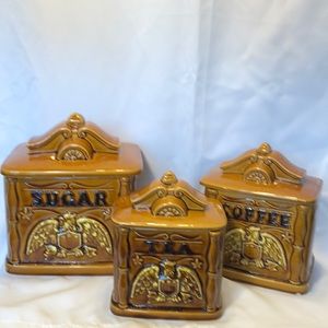 Rare VGT Beauty Ware ceramic 3 piece Canister set Farmhouse eagle wagon wheel